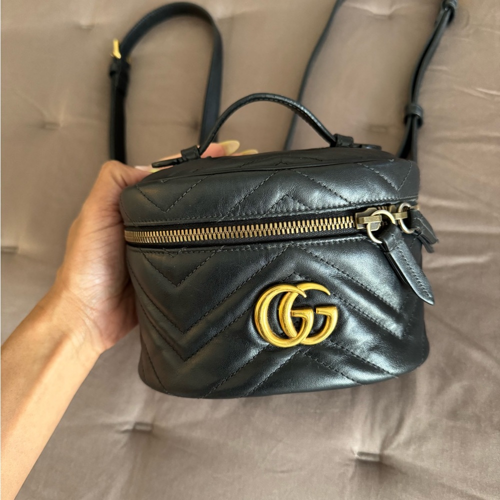 Authentic Gucci GG Marmont Mini Round Leather Backpack Matelassé